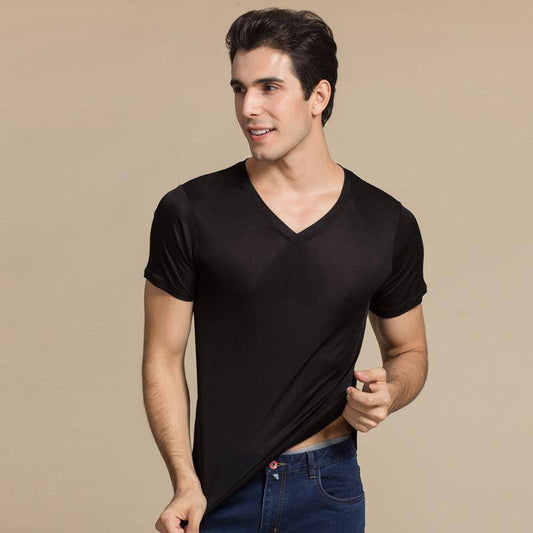 Silk Tee For Mens Mulberry Silk Knitted V Neck T Shirts Short Sleeve Undershirts Silk Shirts for Men - slipintosoft