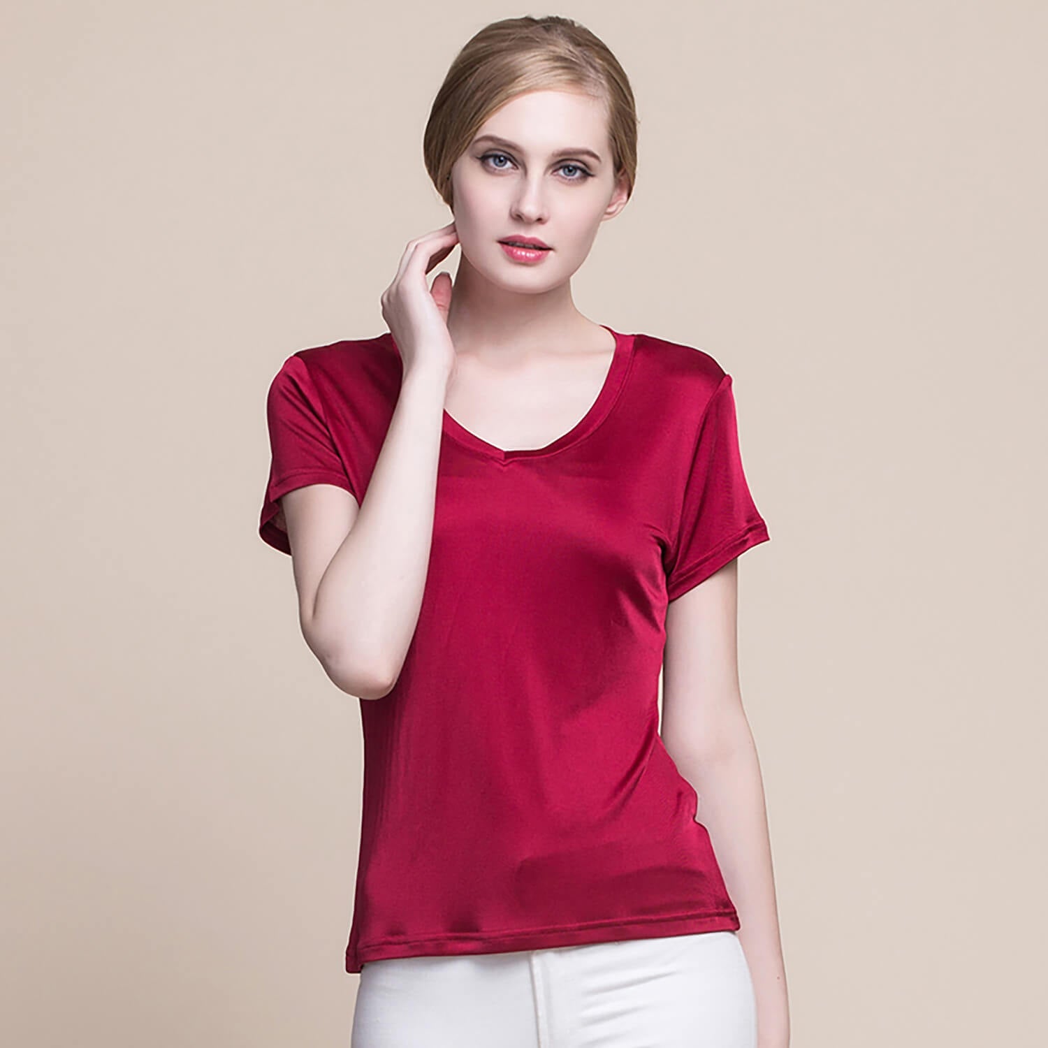 Silk v-neck short-sleeved t-shirt women's silk bottoming shirt women's top - slipintosoft