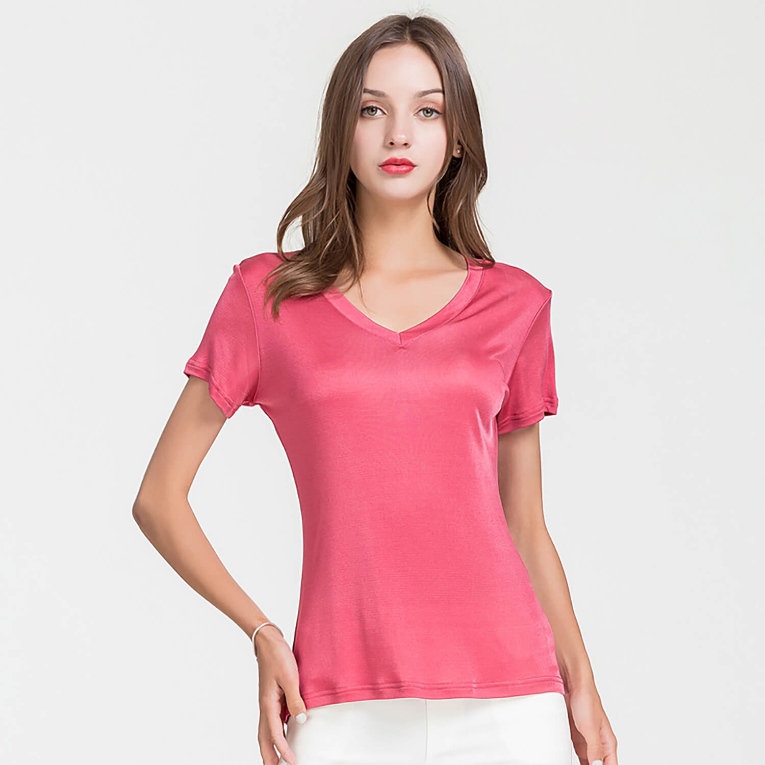 Silk v-neck short-sleeved t-shirt women's silk bottoming shirt women's top - slipintosoft