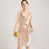 22 Momme Elegant Sleeveless Women's Silk Dress Cowl Neck Midi Silk Dress - slipintosoft