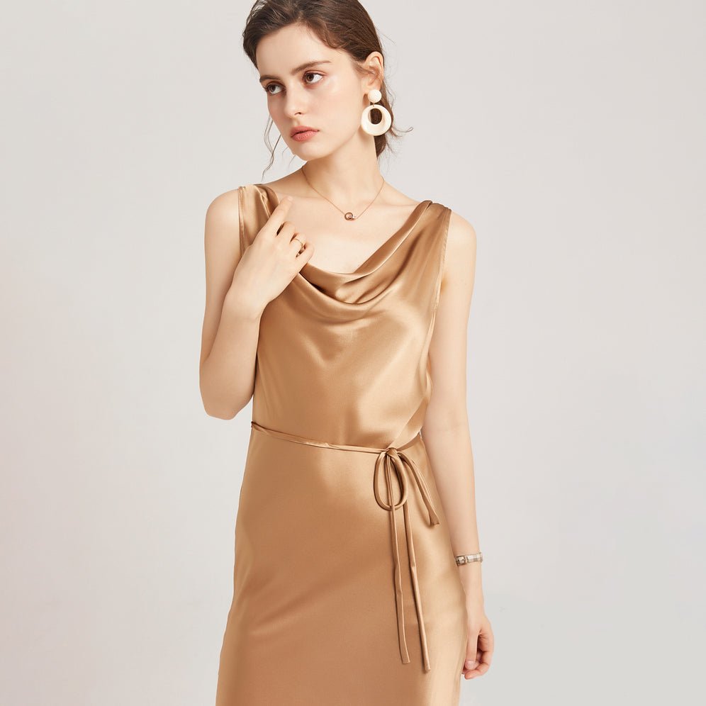 22 Momme Elegant Sleeveless Women's Silk Dress Cowl Neck Midi Silk Dress - slipintosoft