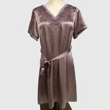 Soft Plum V-neck Short Sleeve Silk Lace Nightdress with Belt - slipintosoft