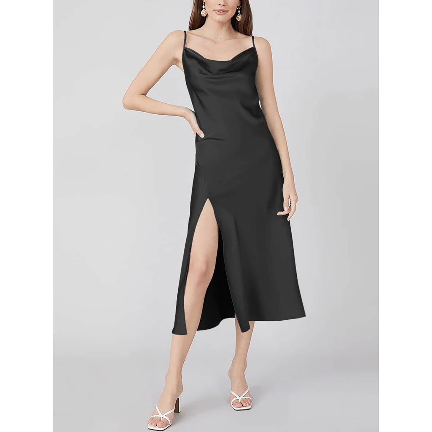 Sexy Cowl Neck Long Silk Dresses With Side Slit - slipintosoft