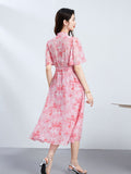 V Neck Silk Midi Dress with Waist Tie Floral Silk Wrap Dress for Women Pink XS