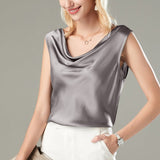 Versatile Ladies Silk Sleeveless Blouse 100% Mulberry Silk Cowl Collar Tops - slipintosoft