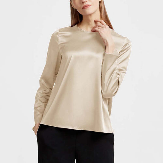 Women Long Sleeve Pullover Round Neck Silk Blouse - slipintosoft