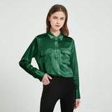 Women Silk Blouse 100% Pure Long Sleeve Silk Blouses with Flap Pockets - slipintosoft