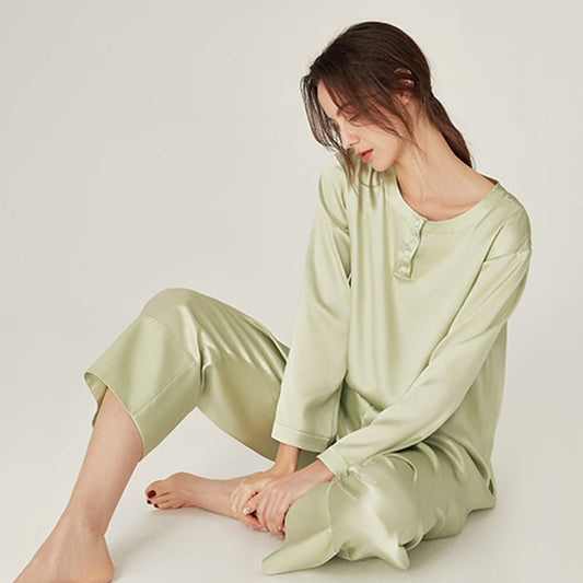 Womens Classic Silk Pajamas Set Round Neck Long Silk Sleepwear - slipintosoft