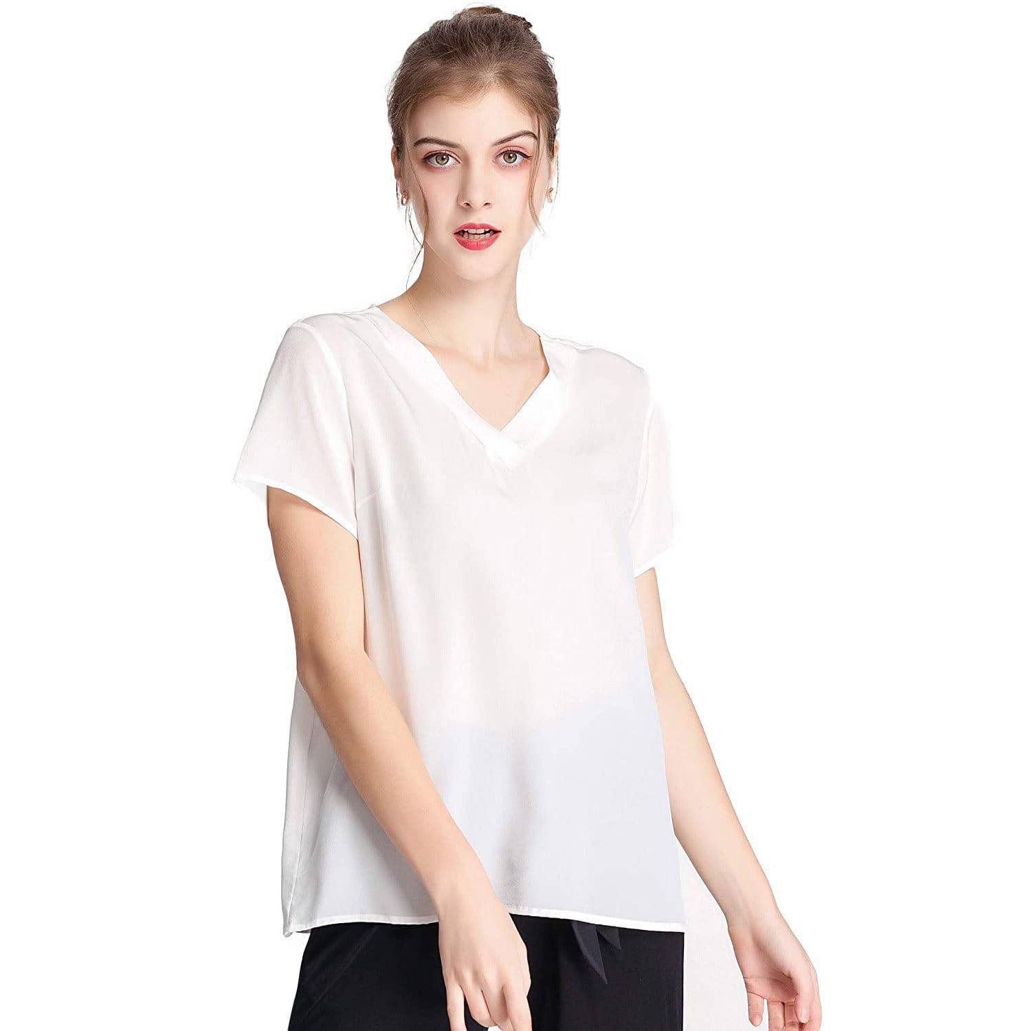 Women Mulberry Silk T-Shirt Short Sleeve V Neck Tank Ladies Silk Shirt - slipintosoft