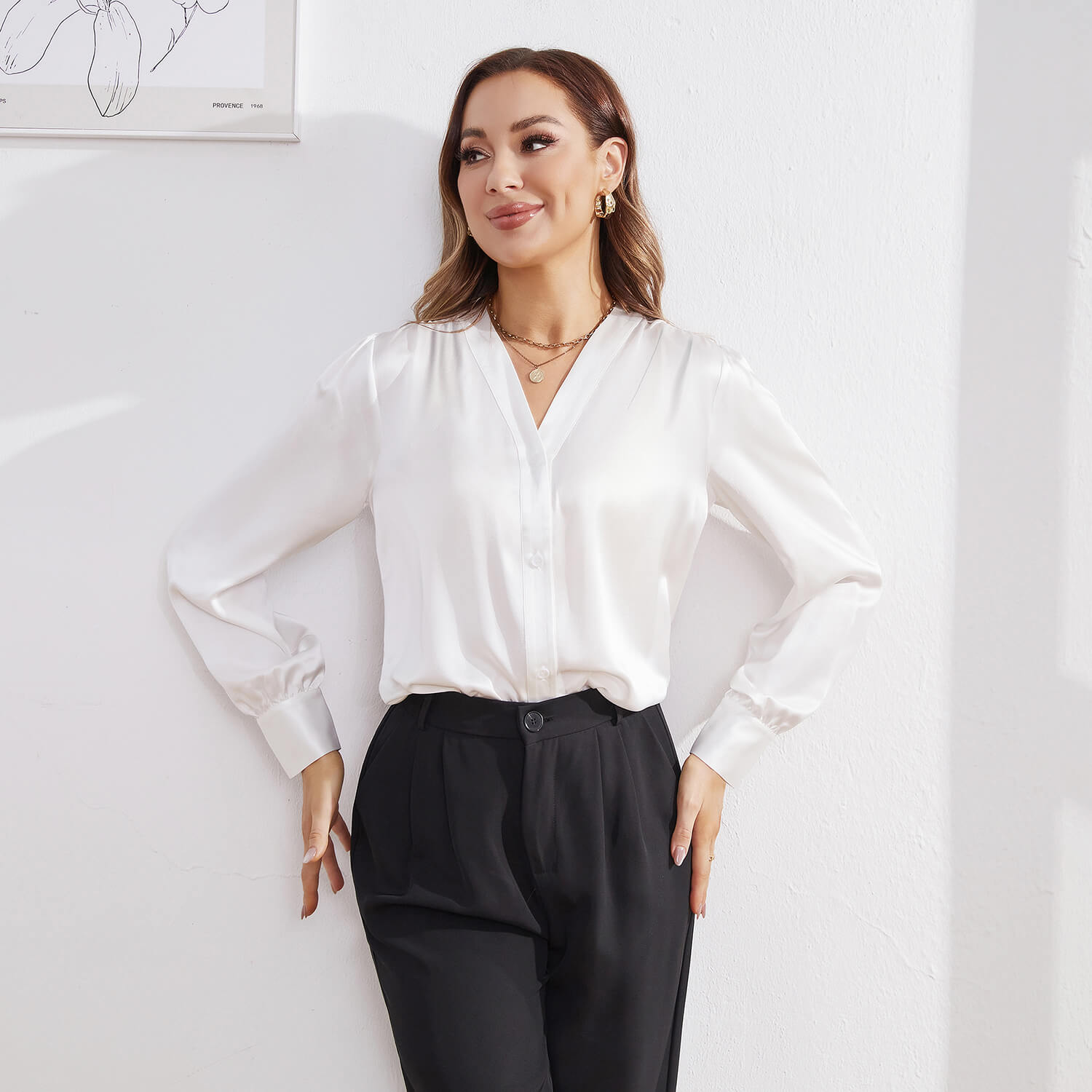 Women Long Sleeves V Neck Silk Blouse - slipintosoft