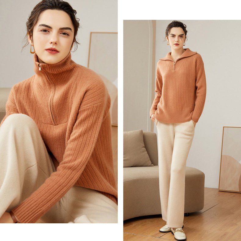 Women's 100% Cashmere Ribbed Polo Sweater - slipintosoft