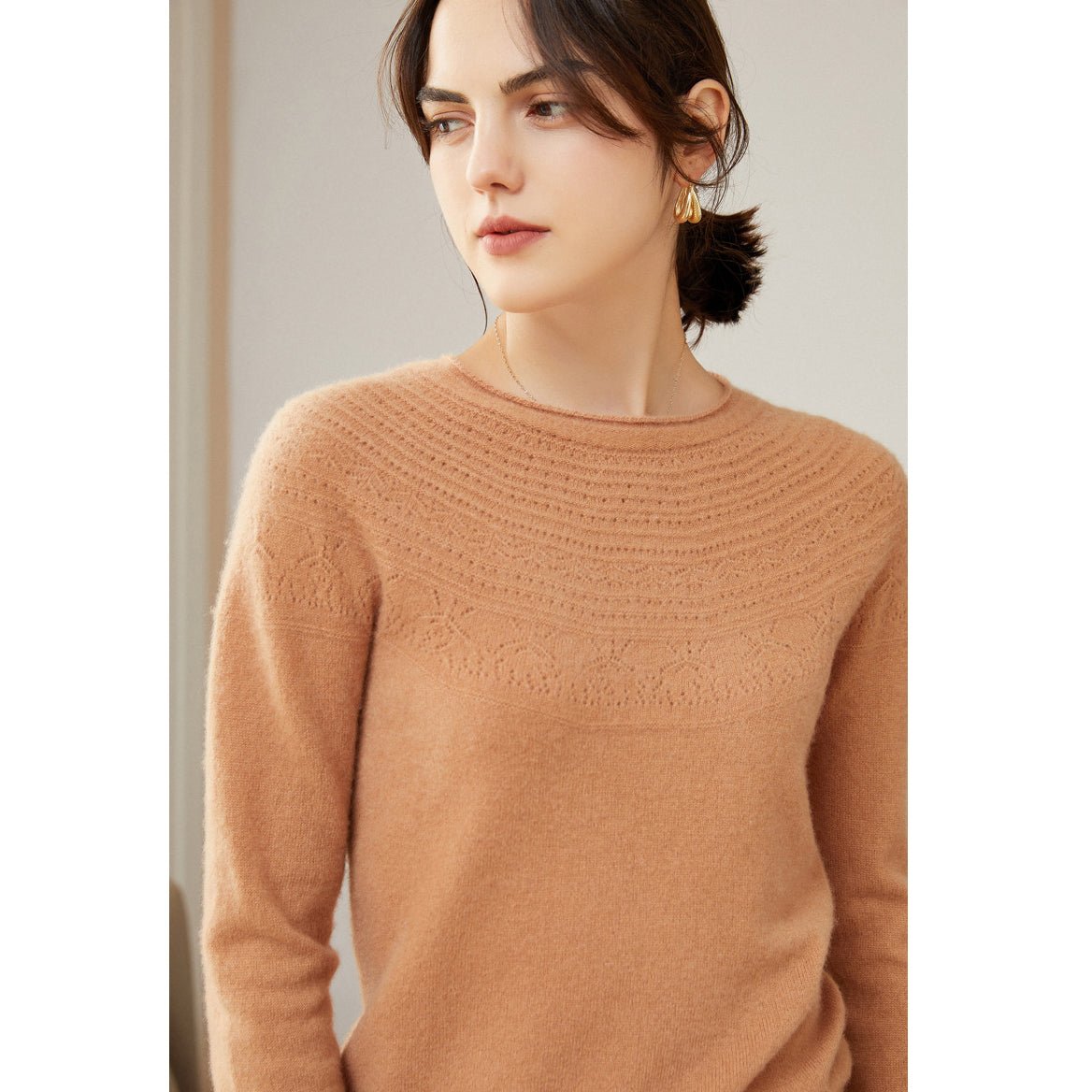 Women's 100% Superfine Cashmere Hollow-out knit Crewneck Sweater - slipintosoft