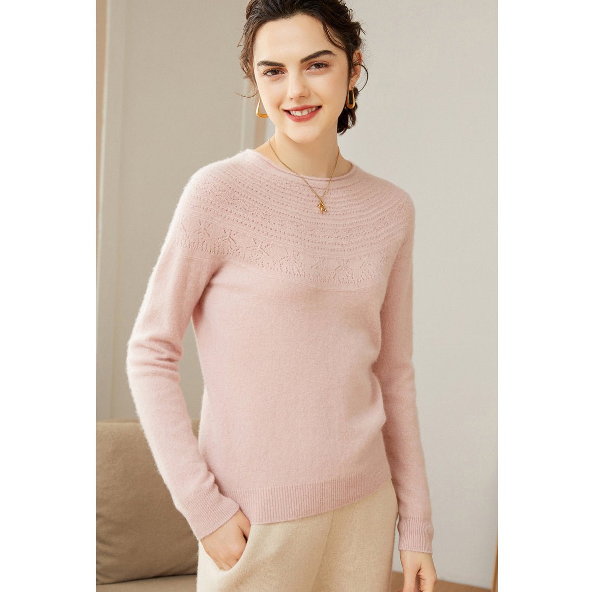 Women's 100% Superfine Cashmere Hollow-out knit Crewneck Sweater - slipintosoft