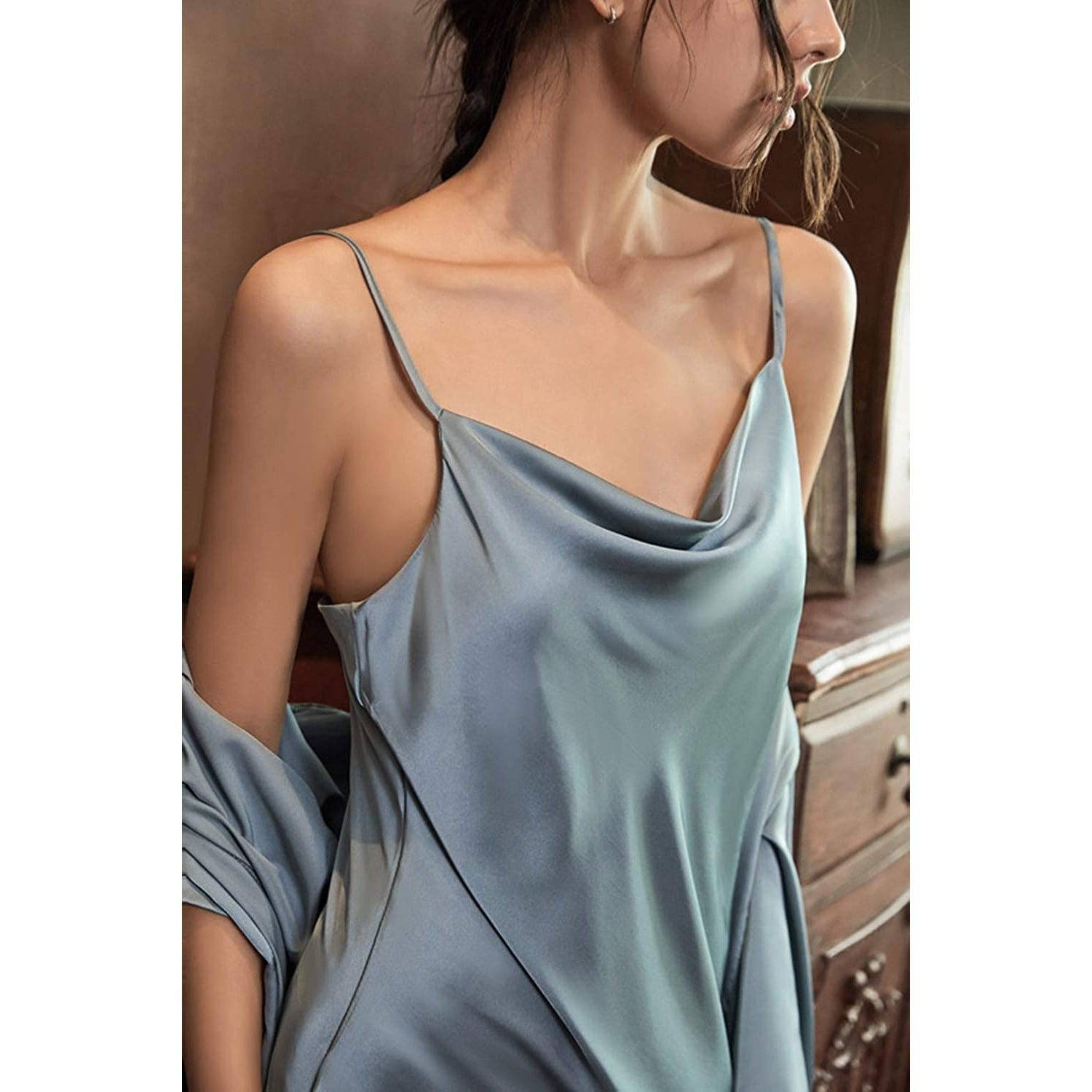 Women Two Pieces Silk Nightgown Robe Set - slipintosoft