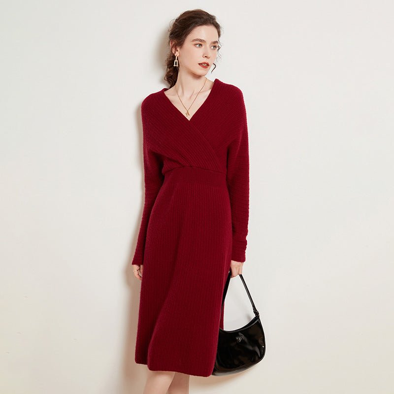 Women's A Line Cashmere Dress Long Sleeves Wrap Cashmere Dress - slipintosoft