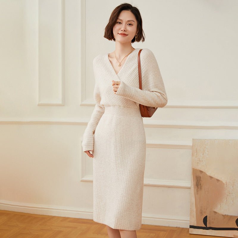 Womens Cashmere Ribbed Knit Wrap Dress Long Sleeve V Neck Midi Dresses