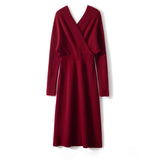 Womens Cashmere Ribbed Knit Wrap Dress Long Sleeve V Neck Midi Dresses