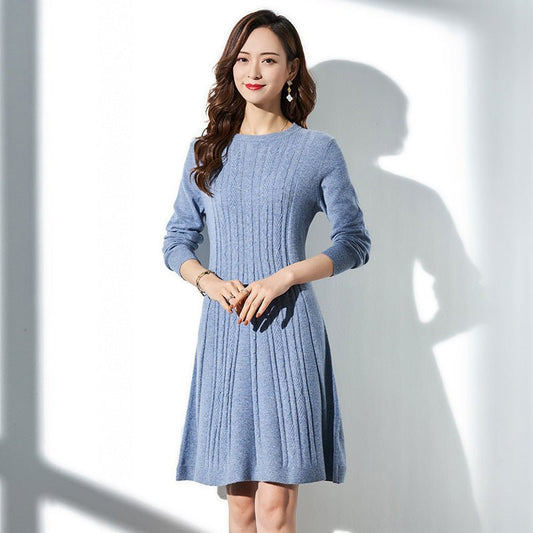 Womens A Line Cashmere Dresses Long Sleeve Solid Cashmere Knitted Dress - slipintosoft