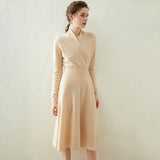 Womens Cashmere Wrap Dress Long Sleeve Elegant A - Line Midi Dress