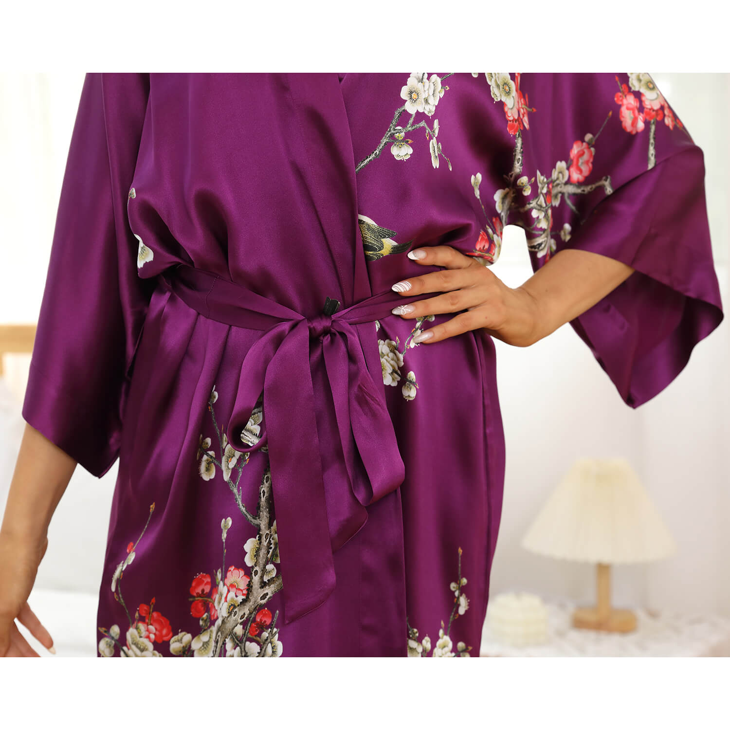 100% Short Silk Kimono Robe for Women's Cherry Blossom Pure Silk Robes - slipintosoft