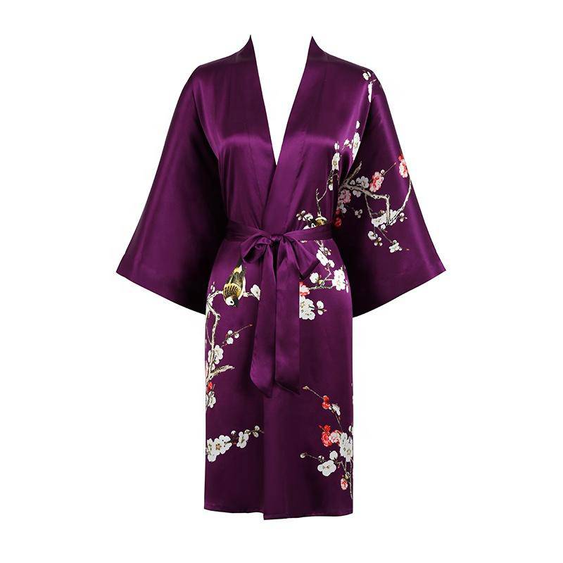 100% Short Silk Kimono Robe for Women's Cherry Blossom Pure Silk Robes - slipintosoft