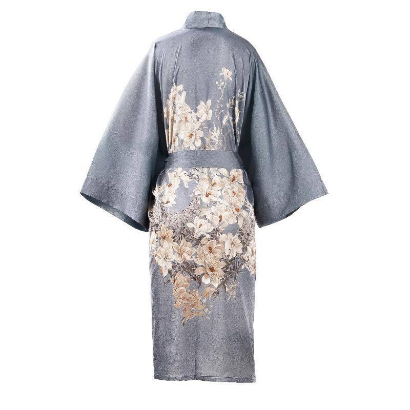 100% Short Silk Kimono Robe Blue Hand Painted Cherry Blossoms for Ladies -  slipintosoft