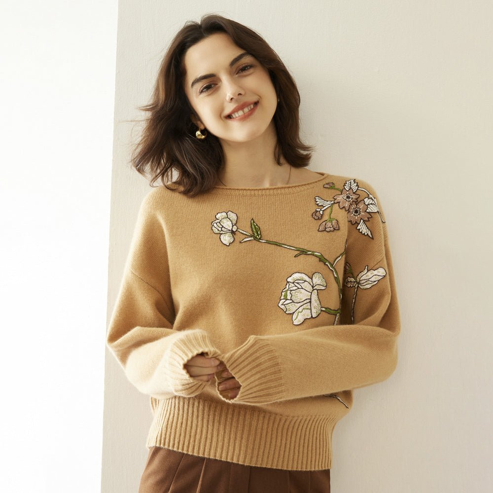 Womens Boat Neck Cashmere Sweater Embroidery Flowers Cashmere Pullover Wool Cashmere Sweater