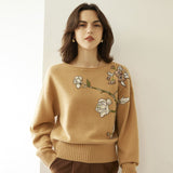 Womens Boat Neck Cashmere Sweater Embroidery Flowers Cashmere Pullover Wool Cashmere Sweater