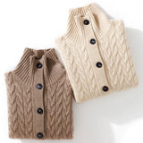 Womens Cable Knit Button - Up Mock Neck Pure Cashmere Cardigan Pockets