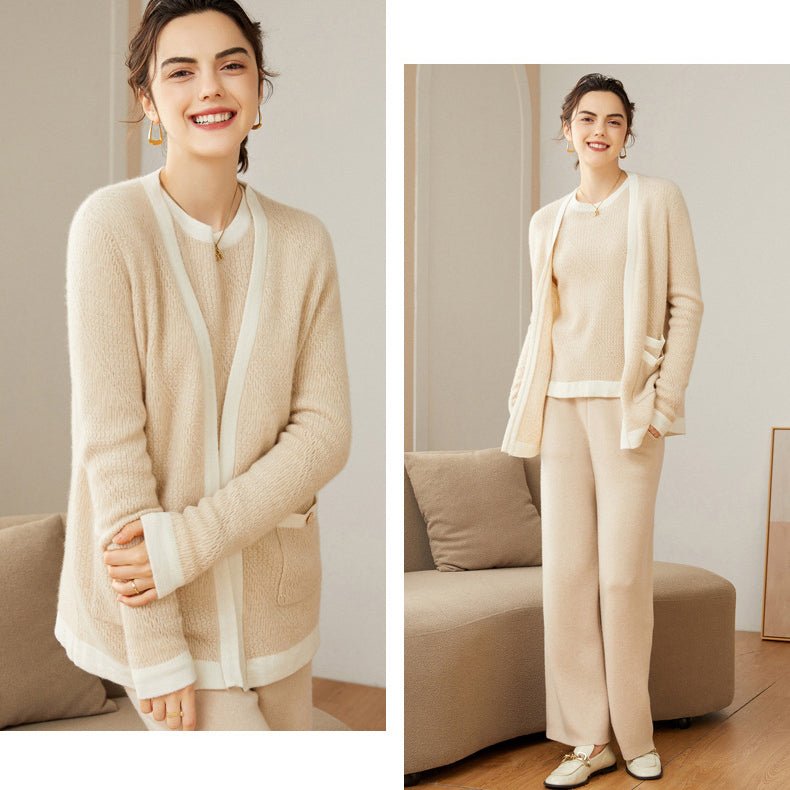 Women's Cable-Knit 100% Cashmere Long Sleeves Colorblock Cardigan - slipintosoft