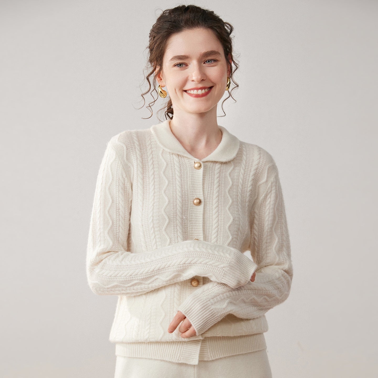 Womens Cable Knit Cashmere Cardigan Peter Pan Collar Cashmere Sweater Ivory XS