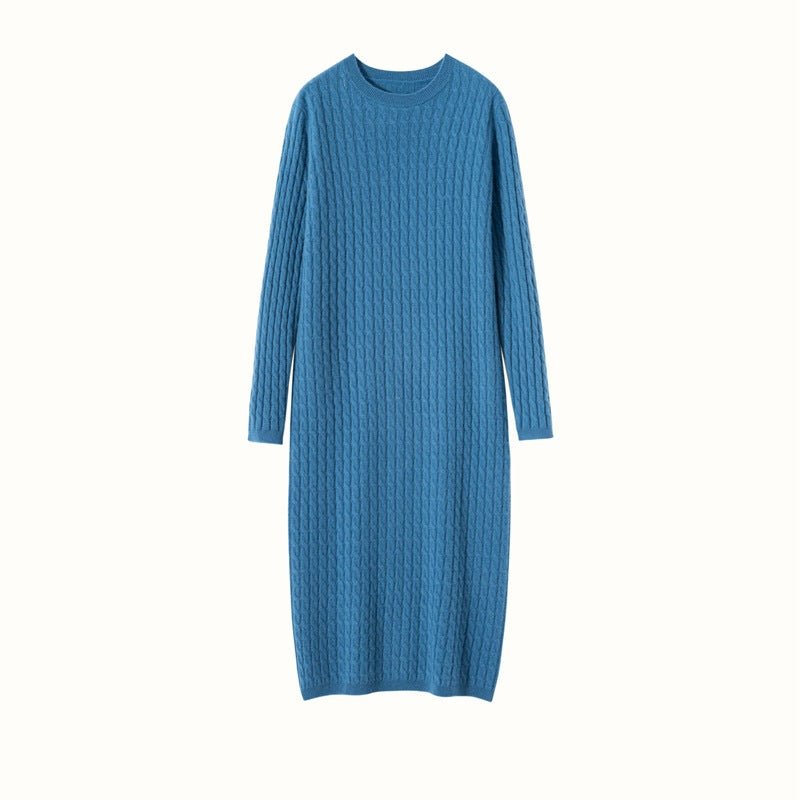 Womens Cable Knit Cashmere Dress Long Sleeve Cashmere Midi Dress Blue XS