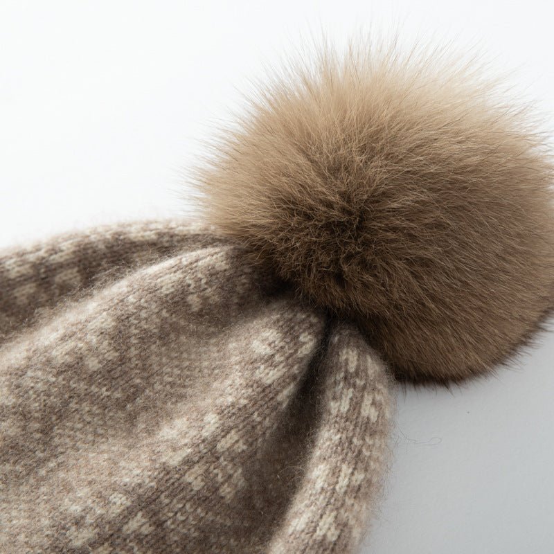 Womens Cashmere Beanie with Fur Pom Striped Edge Cashmere Hats 3 Colors - slipintosoft