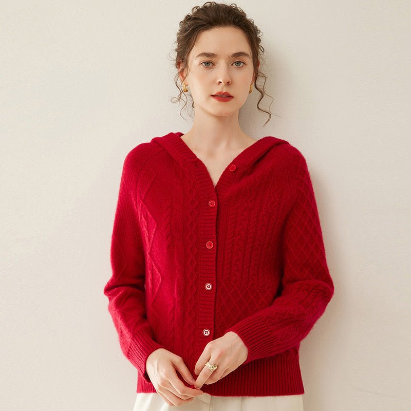 Womens Cashmere Cardigan Button Front Cashmere Sweater Cable Knit Cashmere Hooded Red XS