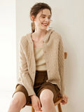Womens Cashmere Cardigan Button Front Cashmere Sweater Cable Knit Cashmere Hooded Camel XS