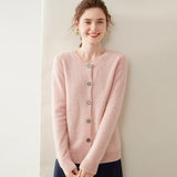 Womens Cashmere Cardigan Crew Neck Ribbed Neckline Cashmere Knit Sweater Pink XS