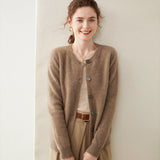Womens Cashmere Cardigan Crew Neck Ribbed Neckline Cashmere Knit Sweater Taupe XS