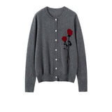 Womens Cashmere Cardigan Rose Embroidered Button Front Cashmere Knit Sweater Gray XS