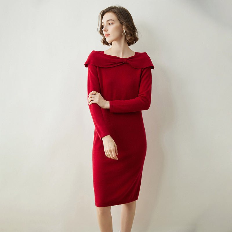 Womens Cashmere Dresses Bow Neck Cashmere Sheath Dress Slim Fit Holiday Party Women Cashmere Dress