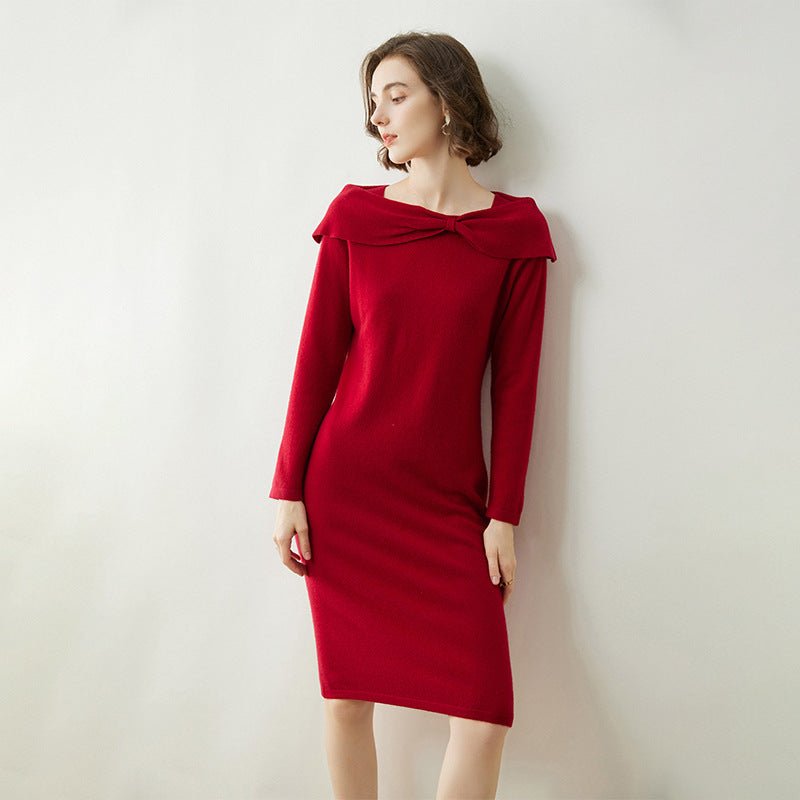 Womens Cashmere Dresses Bow Neck Cashmere Sheath Dress Slim Fit Holiday Party Women Cashmere Dress