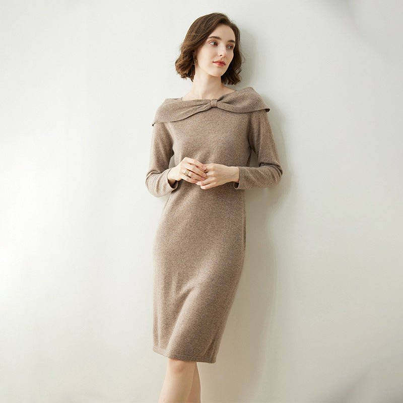 Womens Cashmere Dresses Bow Neck Cashmere Sheath Dress Slim Fit Holiday Party Women Cashmere Dress