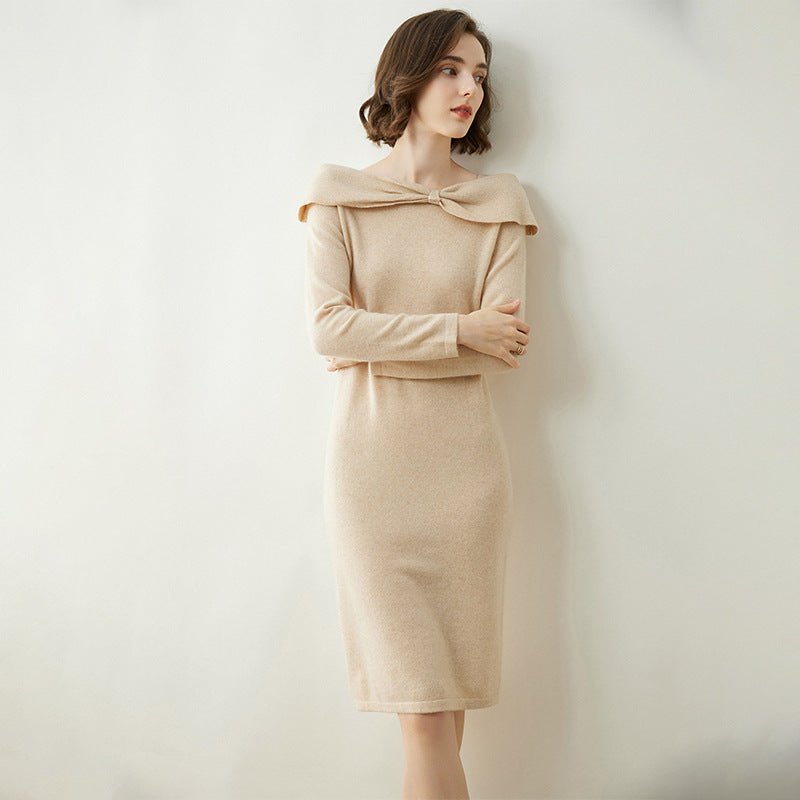 Womens Cashmere Dresses Bow Neck Cashmere Sheath Dress Slim Fit Holiday Party Women Cashmere Dress