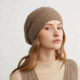 womens cashmere hats ribbed knitted solid cashmere beanie warm stacked hat - slipintosoft