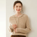 Womens Cashmere Hoodie Sweater Button Neck Cashmere Knit Pullover Camel XS