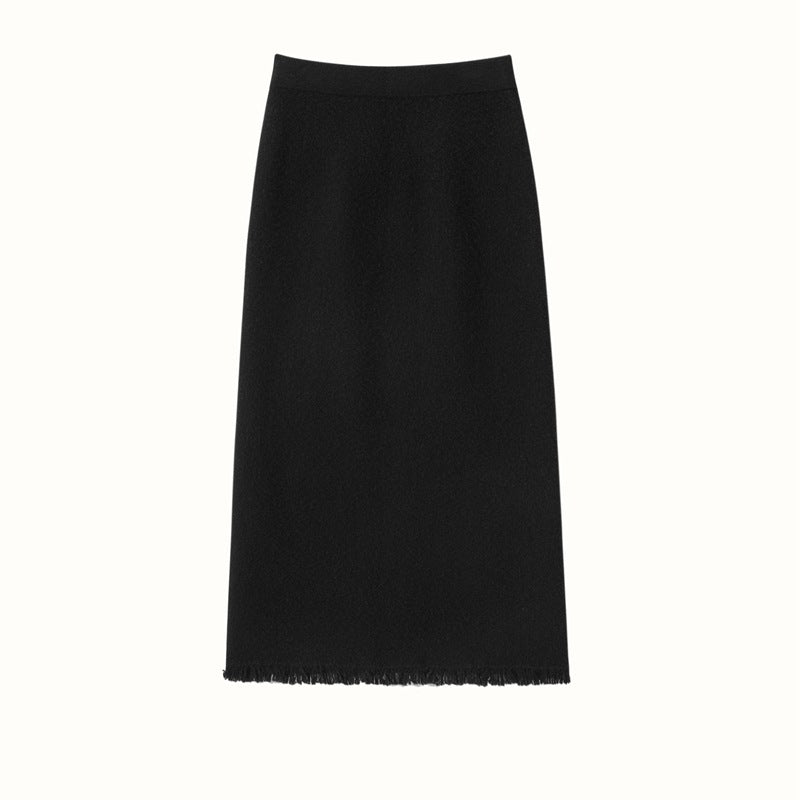 Women's Cashmere Midi Skirt with Tassels High Waist Solid Cashmere Dresses - slipintosoft