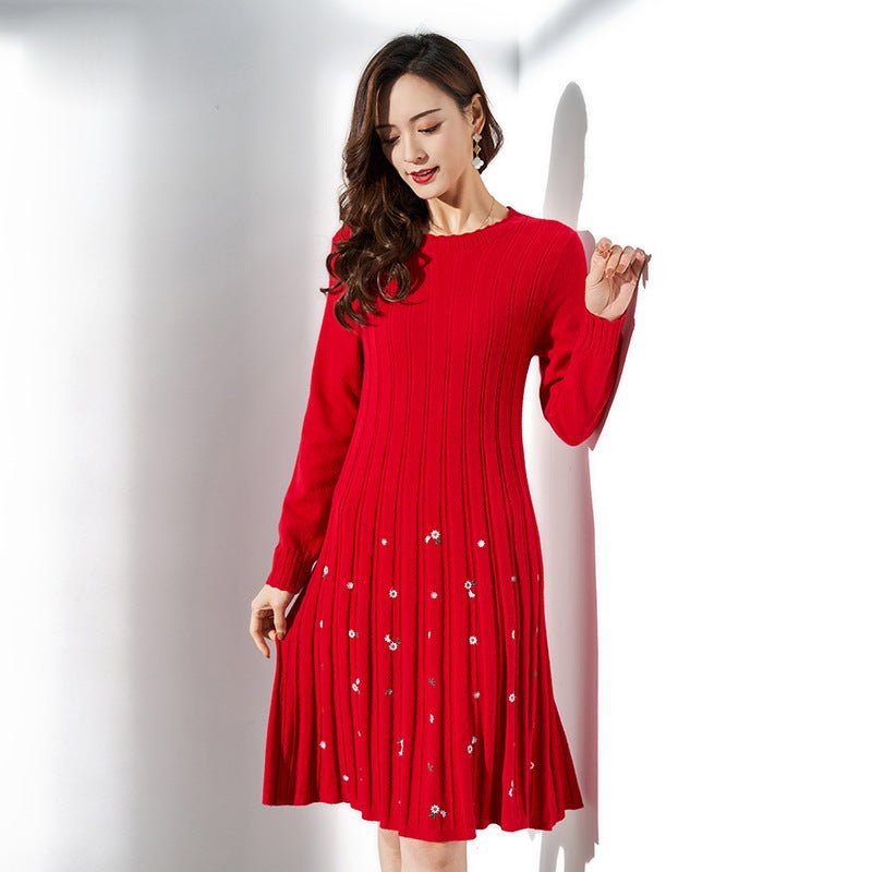 Womens Cashmere Pleated Dresses Long Sleeve Red Cashmere Floral Dress Slim Fit Women Cashmere Dress