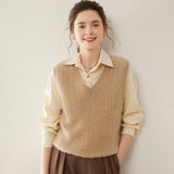 Womens Cashmere Sweater Cashmere Vest V Neck Cable Knit Sleeveless Pullover Camel XS
