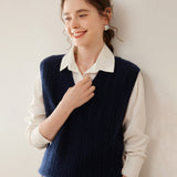 Womens Cashmere Sweater Cashmere Vest V Neck Cable Knit Sleeveless Pullover Navy Blue XS