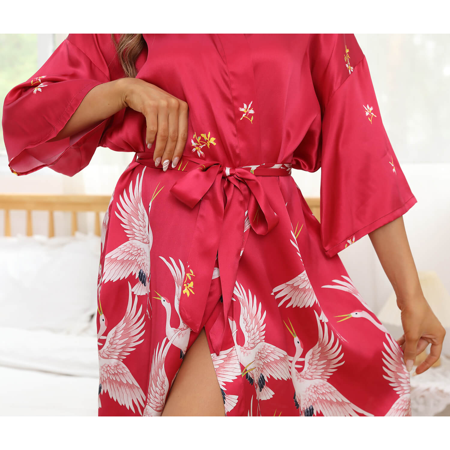 Short Silk Kimono Robe for Women Silk Crane Bathrobe Nightgown Sleepwear - slipintosoft