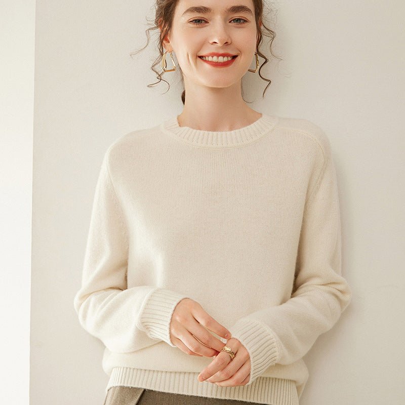 Womens Crew Neck Cashmere Raglan Sweater Cashmere Blouse Ribbed Hem Ivory XS